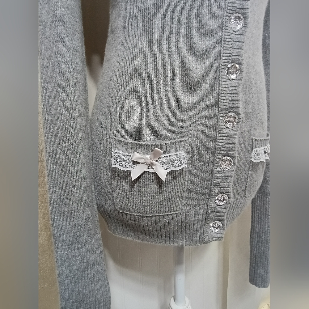 ♡ Y2K ♡ Hollister Grey Rabbit Hair Blingy Button Babydoll Cardigan Sweater - Picture 8 of 10